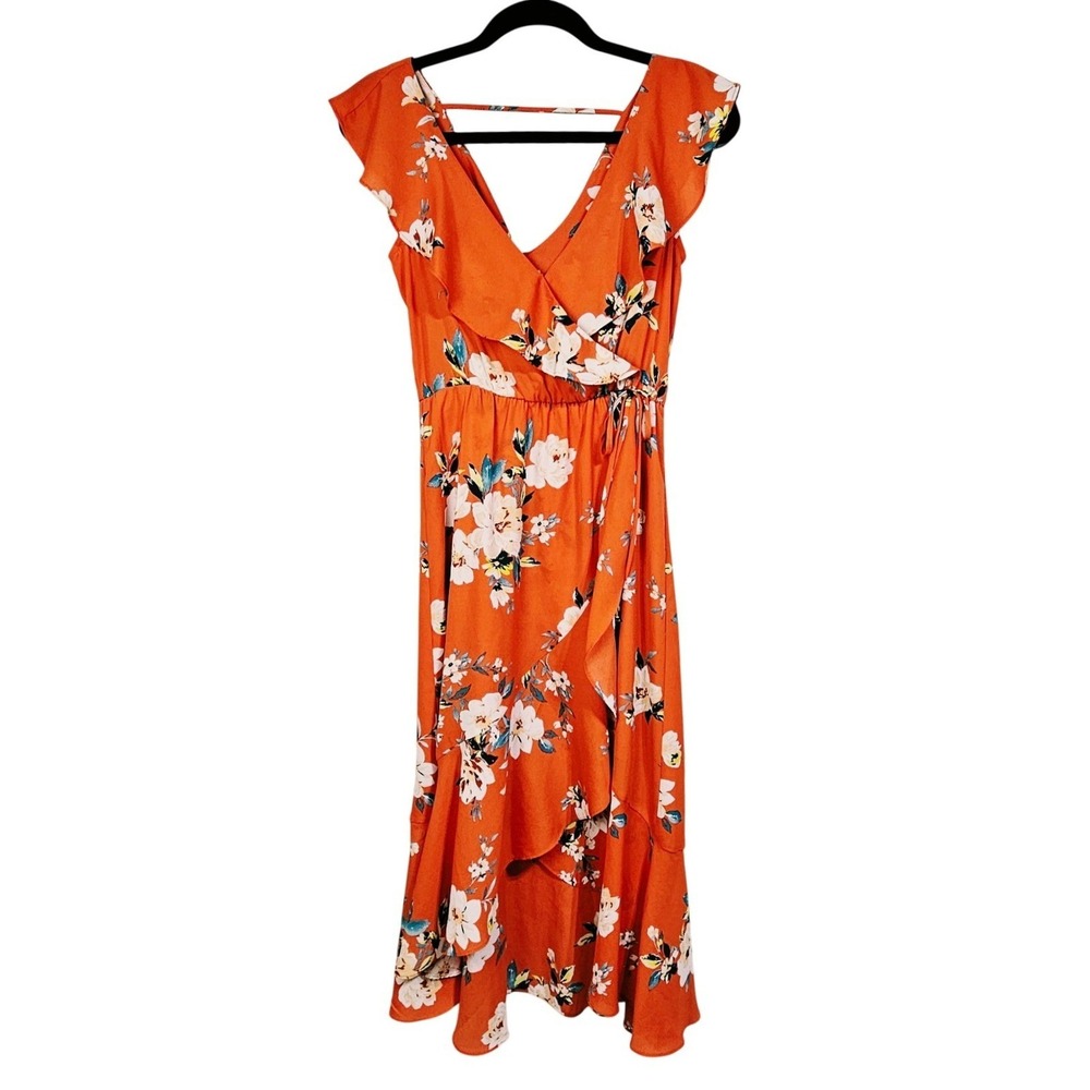 Cottagecore Orange Floral Ruffle Faux Wrap Midi Dress XS Boho Coastal Vacation
